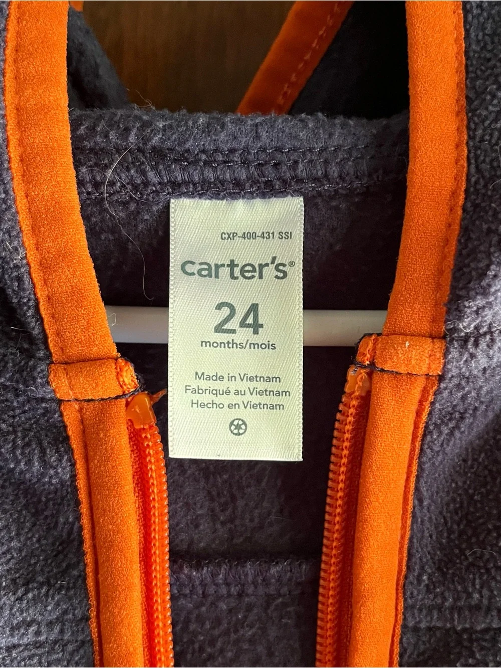 Carter’s Navy Blue & Orange Fleece Hooded Zip Up Light Jacket Boys Size 24M